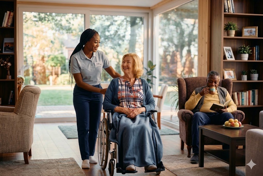 Caregiver offering compassionate support to an elderly resident